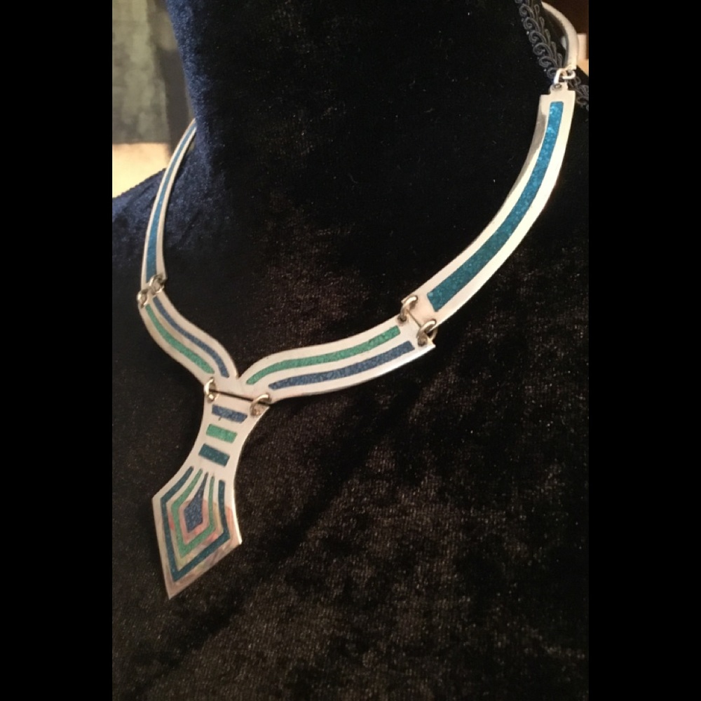 Blue & Green Turquoise Inlay Solid Silver Necklace